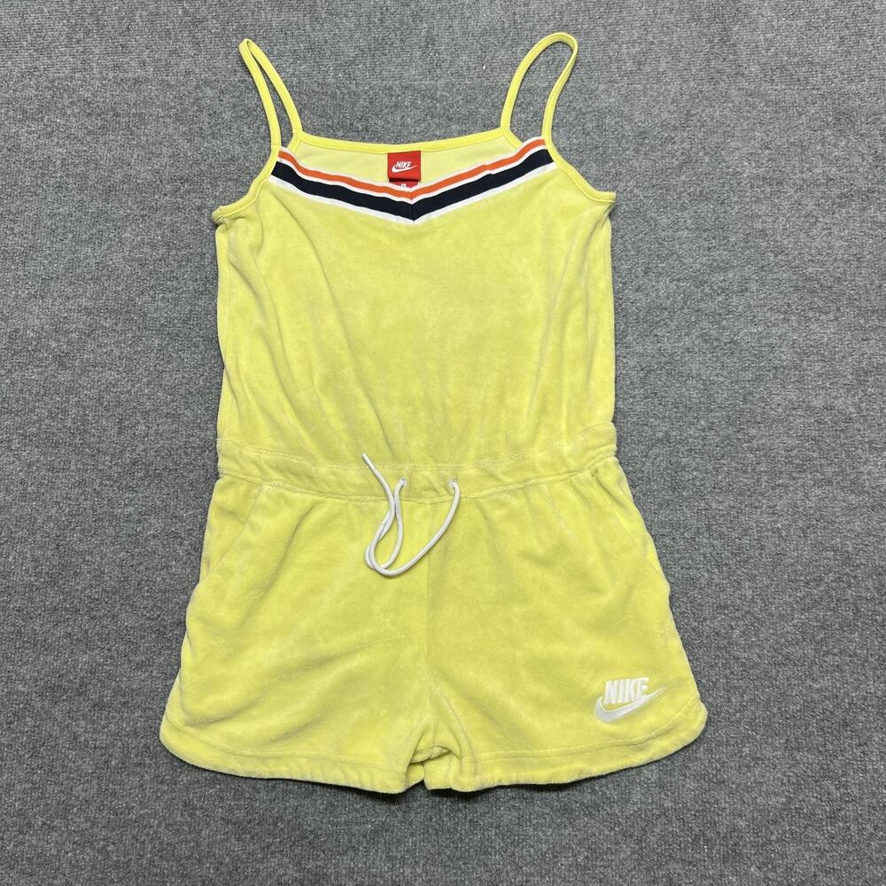 Nike Terry Romper Womens Small Yellow Sleeveless Drawstring Waist Logo Casual